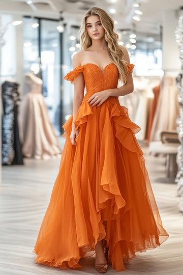 Organza Blonder Oransje En linje fra skulderen Volangkjole